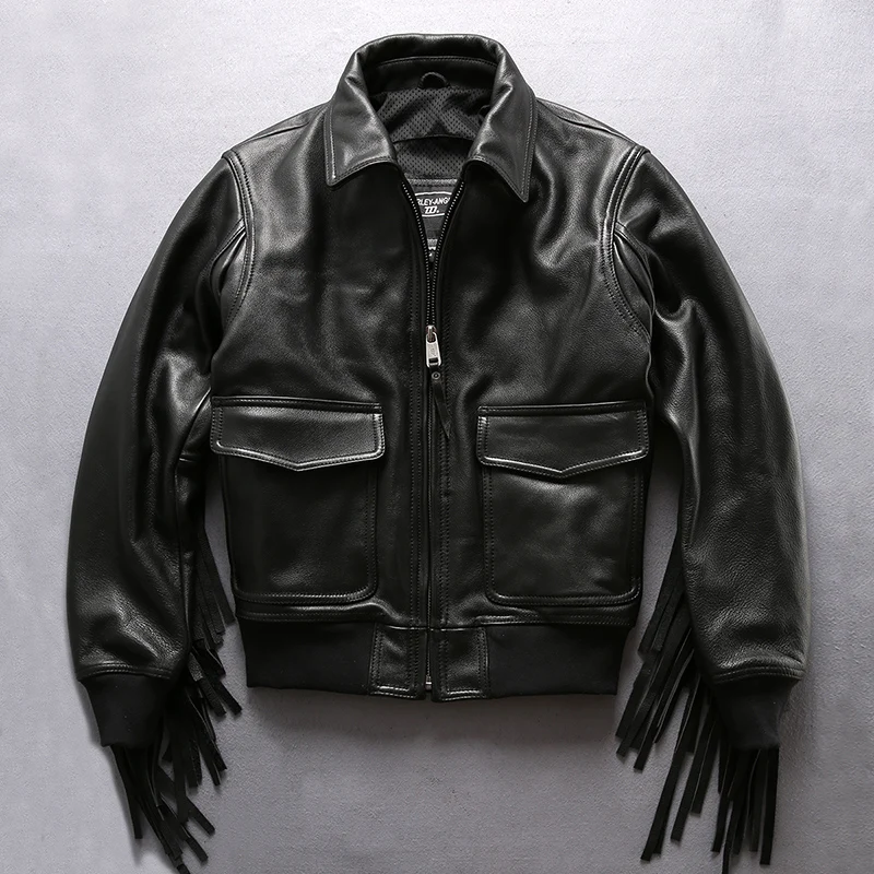 

Spring autumn biker models motorcycle rider fringe Real leather garment men's lapel slim flight suit A2 fringe cowhide jacket