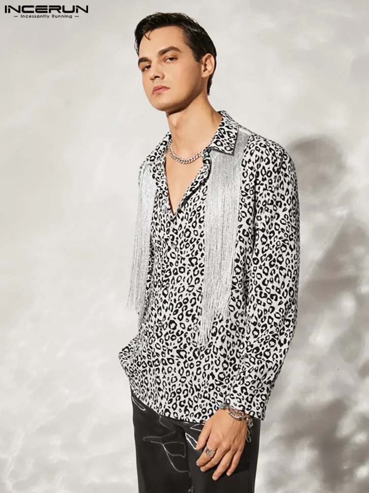 Fashion Casual Style Tops INCERUN Handsome Men's Leopard Printing Blouse Streetwear Male Fringed Long-sleeved Shirts S-5XL 2022