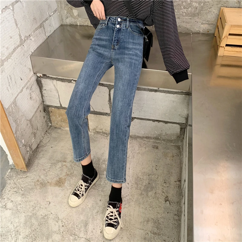 

DD2045 New retro high-waisted slim nine-point straight-leg pants washed all-match jeans