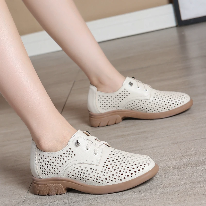 Large Size women's Casual Breathable Hollow Single Shoes 2023 Spring and Summer Small Leather Shoes Retro Sandals Soft Cowhide