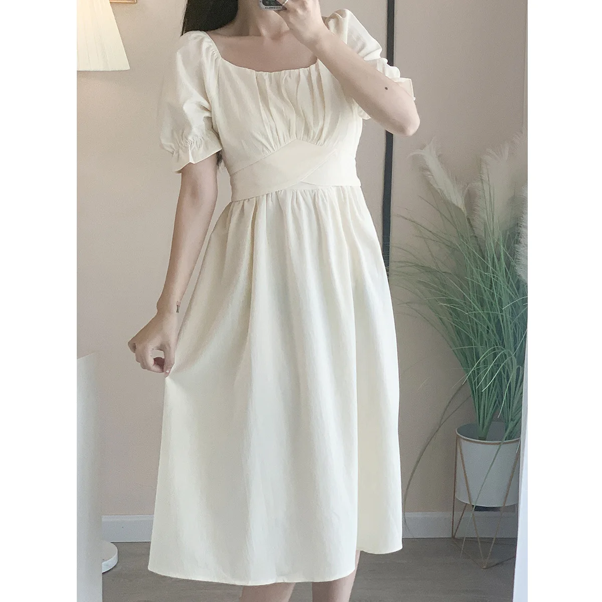 

White Dress Women Korean Elegant Summer Short Puff Sleeve Midi Solid Square Collar High Waist Sash Green Blue Red Casual Dress