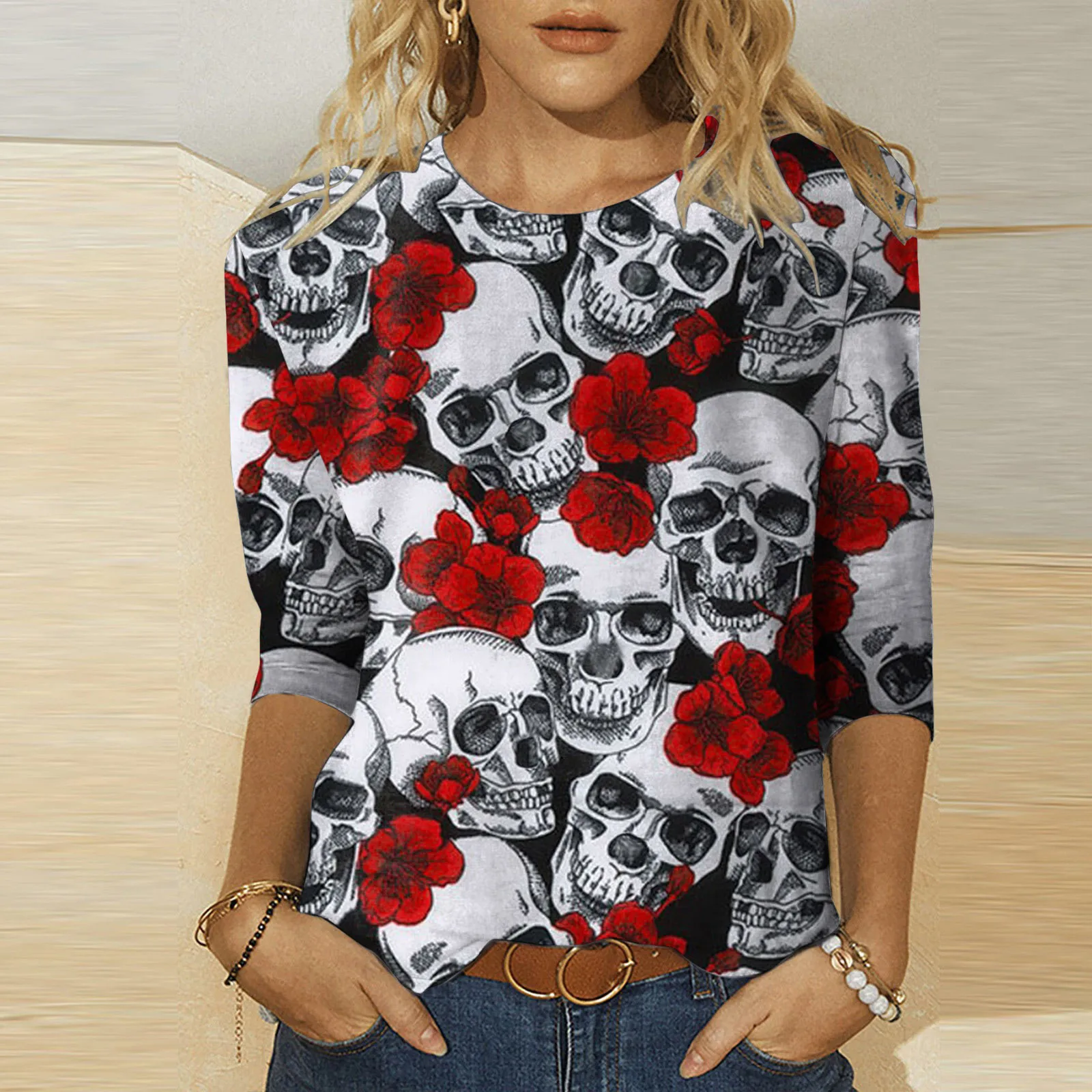 

Fashion Skull Printed Autumn Women Blouse Long Sleeve O Neck Winter Pullover Halloween Party Cosplay Outfits Cheap T Shirt Blusa