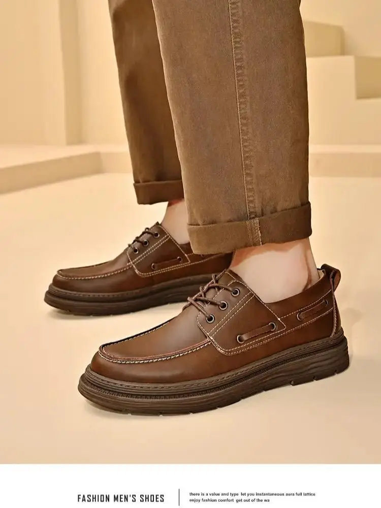 

Мужские кожаные туфли на толстой нескользящей подошве, Повседневная Деловая обувь, прошитая вручную, большие размеры, весна-осень