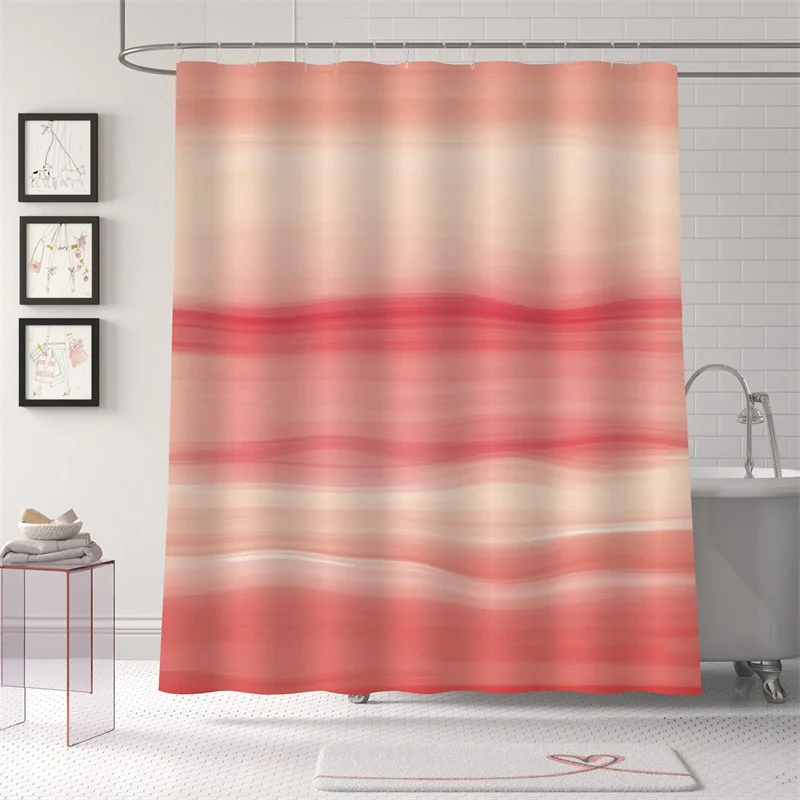 

Coral Standard Pink Shower Curtain Liner Geometric Waterproof Abstract Ocean Fabric Shower Curtain Modern Waves Bath Curtain