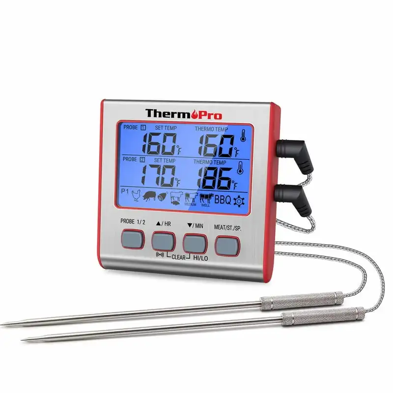 

Large LCD Backlight Grill Food Thermometer with Dual Probes Timer for Oven Grill Smoker BBQ