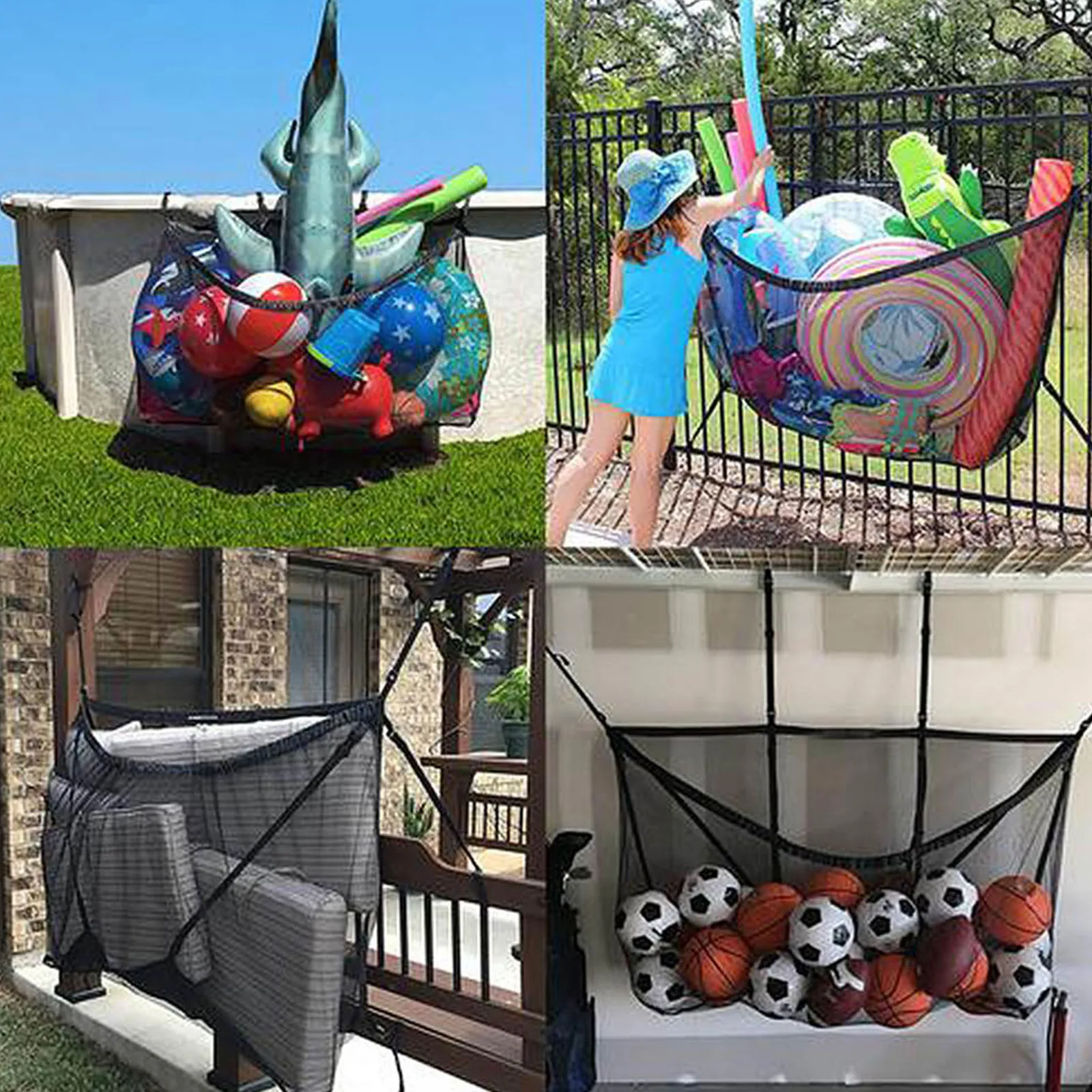 

Durable Hanging Net Storage 150*85cm Toy Pool Adjustable Black Deck Fence Floating Garage Gardens Gym Heavy Duty