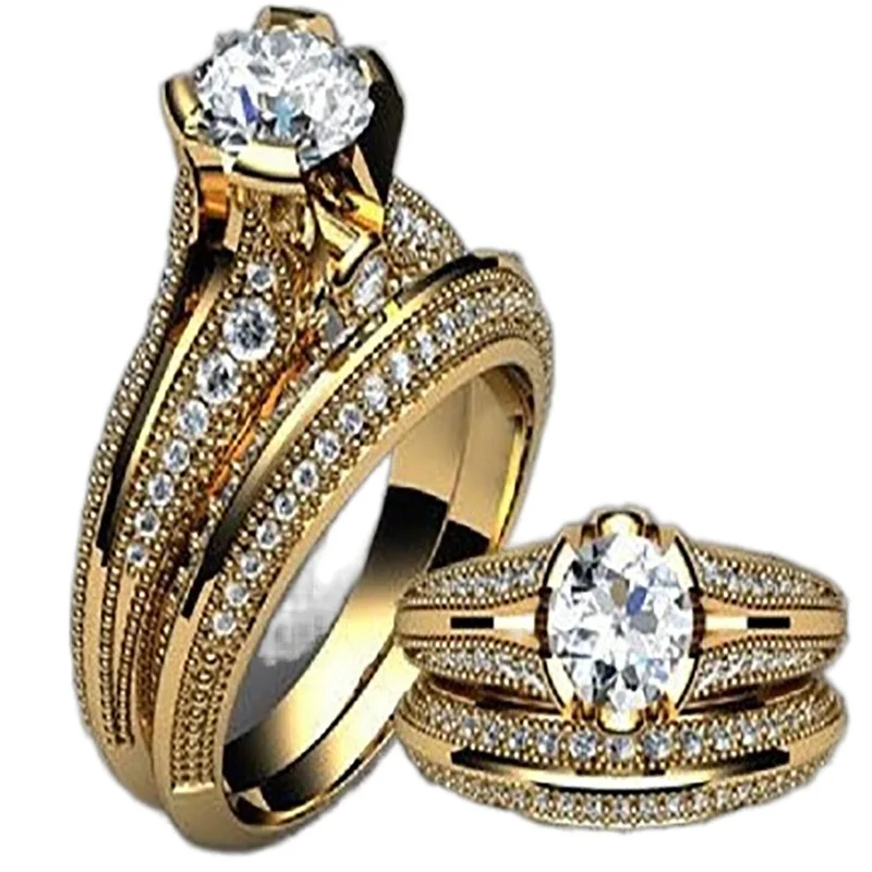 

Wholesale Geometric Simple Fashion Crystal Golden Color Glossy Four Prong Round Zirconium Metal Ring Set for Men