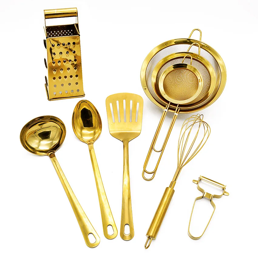 

9-piece Stainless Steel Kitchen Cooking Utensils Sets Kitchenware Golden Brass Plating Kitchenware Kitchen Gadgets Baking Set