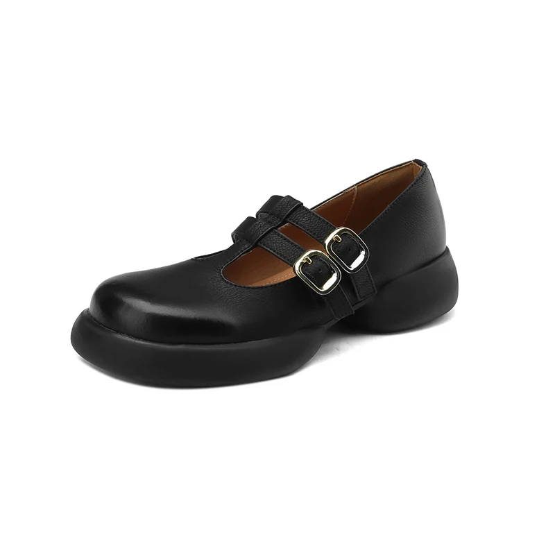 

2023 spring women pumps natural leather 22-24.5cm length cowhide+pigskin full leather Double Buckle Mary Jane shoes thick heels