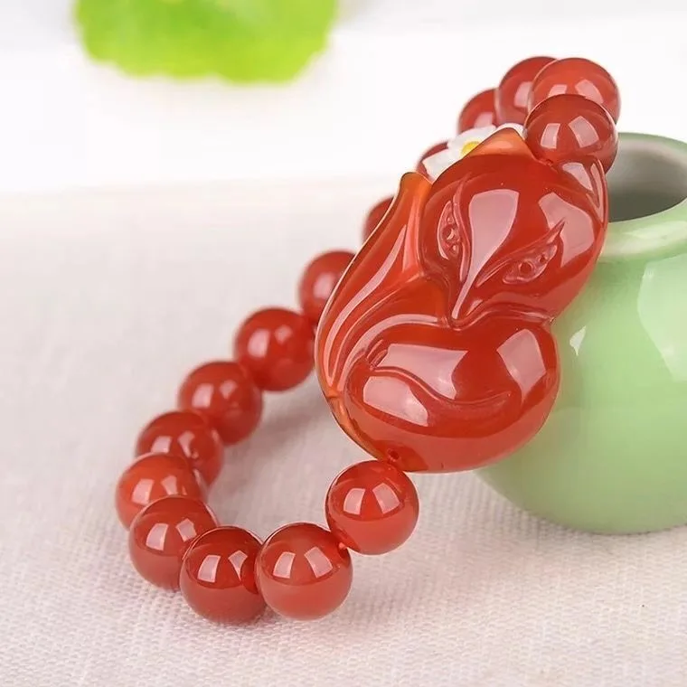 

New Natural Red Agate Fox Pixiu Bracelet Diy Handmade Design Bring Health Wealth Lucky Women Jade Beads Jewelry Female