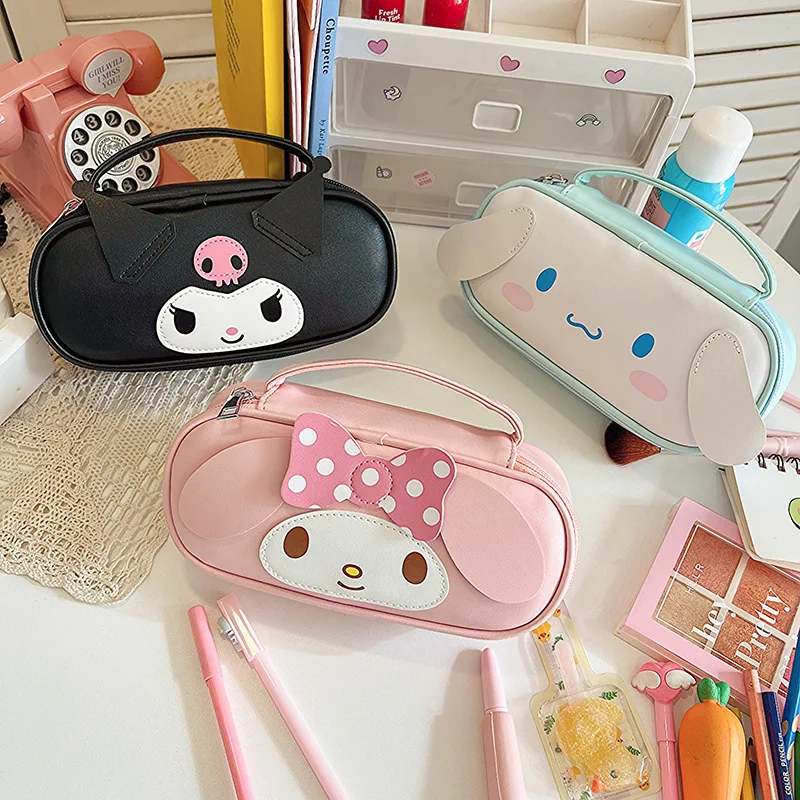 

New Anime Kawaii Cinnamoroll My Melody Kuromi Large Capacity Portable Pu Leather Stationery Box Cartoon Storage Bag Student Gift