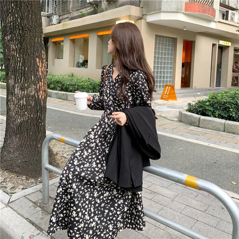 Korean Style Retro Long Women Party Slim Print Chic Dress High Printing Boho Casual Chiffon  Dresses Vintage Flower Clothing