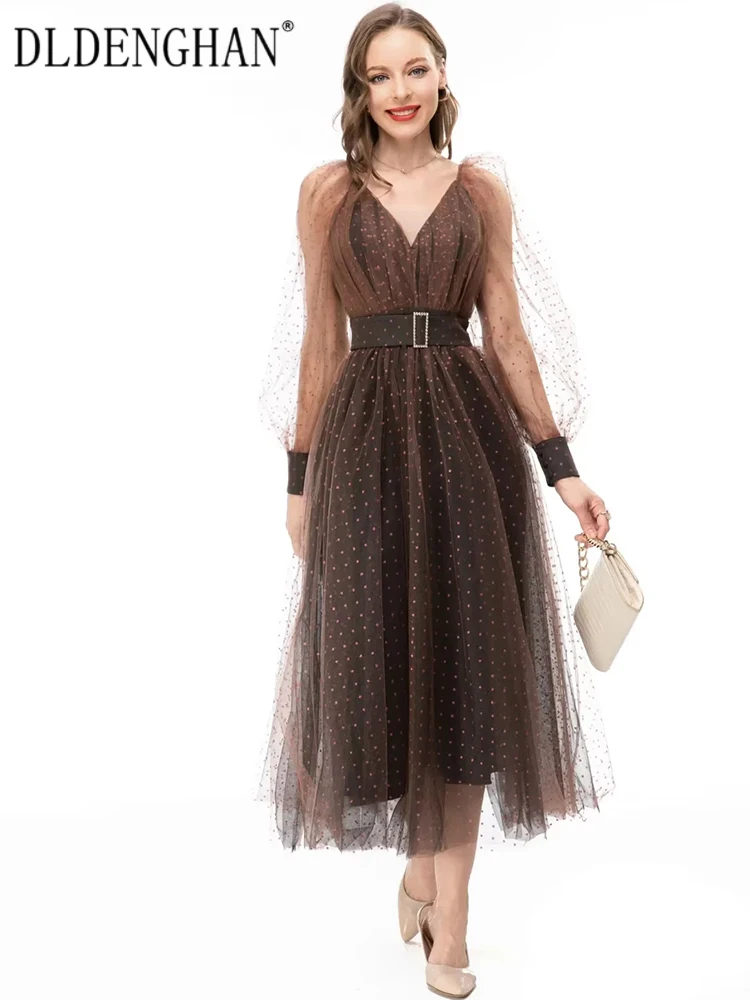 

Женское Сетчатое платье DLDENGHAN, винтажное платье в горошек с V-образным вырезом, рукавами-фонариками и поясом с кристаллами, модное дизайнерское платье, новинка на весну-лето