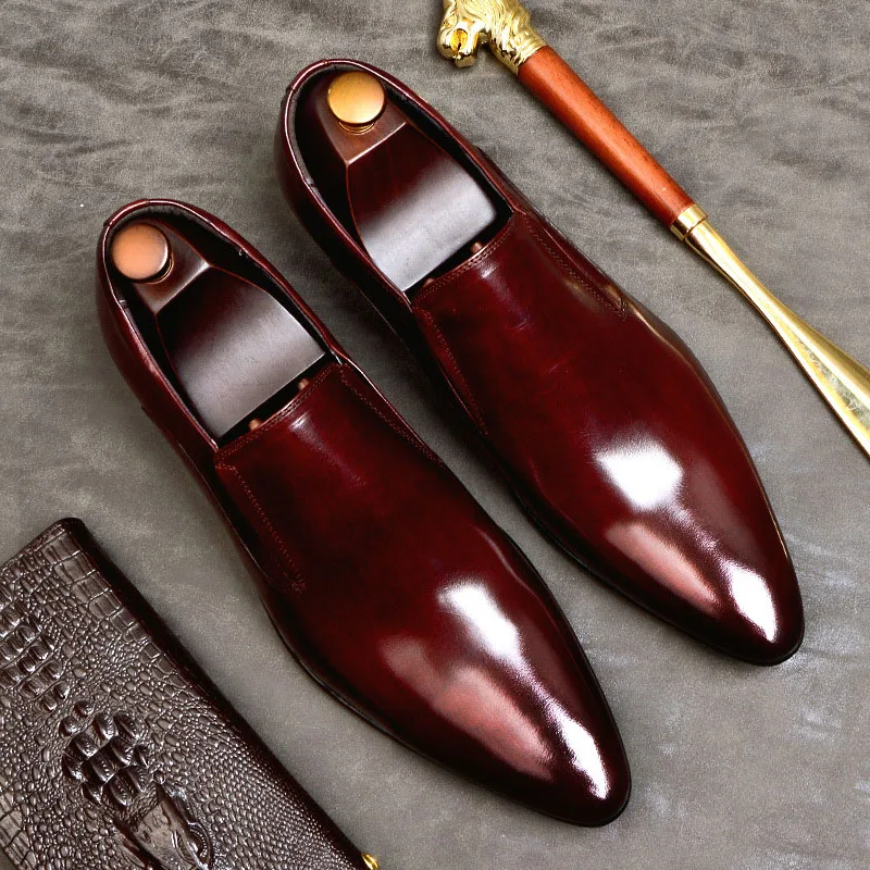 

Handmade Mens Penny Loafers Genuine Leather Black Wine Red Men Dress Shoes Wedding Business Party Slip On Italian Fashion Shoes