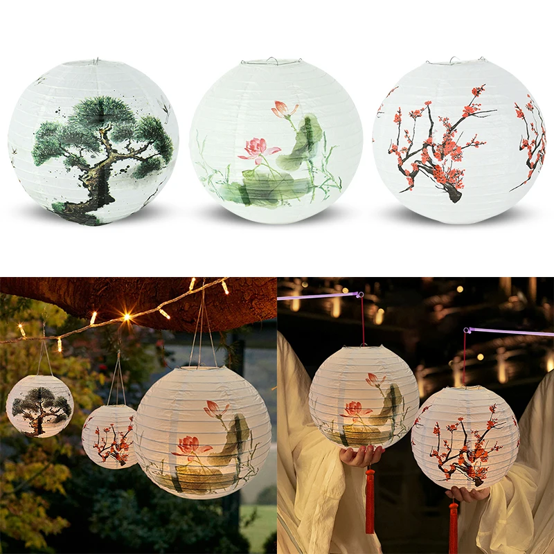 5Pcs Red Plum Blossom lotus leaf  Round Paper Lantern Lamp Shade Oriental Style Light Restauurant Wedding Mid Autumn Decorations