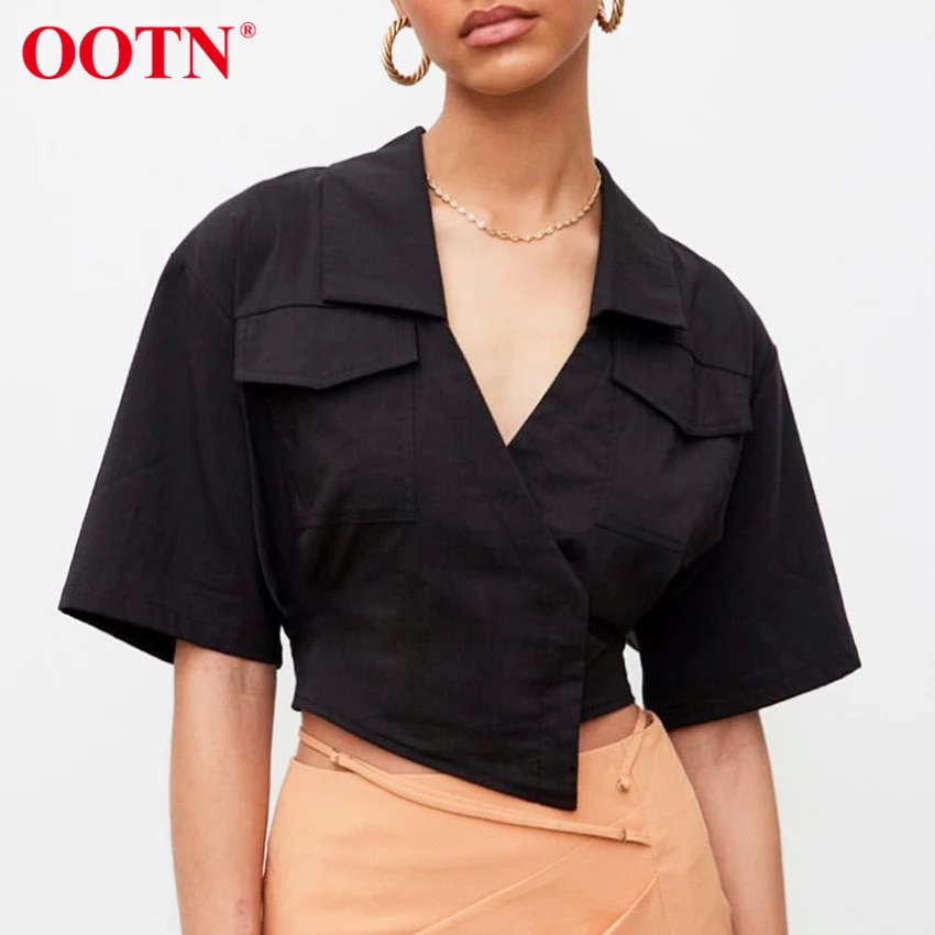 

Женская офисная блузка OOTN, черная приталенная Асимметричная Укороченная рубашка с коротким рукавом и v-образным вырезом