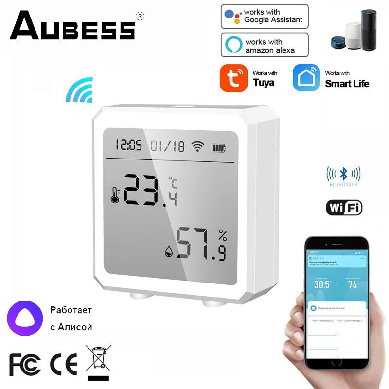 

Датчик температуры и влажности Tuya Smart Life с Wi-Fi, комнатный гигрометр, термометр с ЖК-дисплеем, поддержка Alexa Яндекс Alice