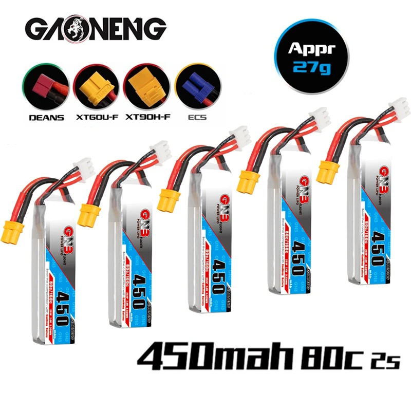 

MAX 160C Gaoneng 7.4V 450mAh Lipo Battery For FPV Racing Drone RC Quadcopter VS Tattu XT30 Plug 2S 7.4V Battery 5PCS