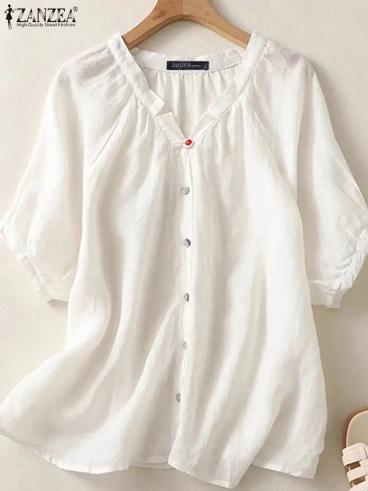 

Vintage Short Sleeve Tunic ZANZEA Tops Women Shirts Casual Solid Color Fashion Buttons Blouse 2023 Summer V-neck Elegant Blusas