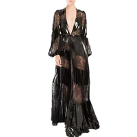 bushra fashion clothing 2022 new black lace panel dress for women v neck lantern sleeve high waist midi dresses female korean