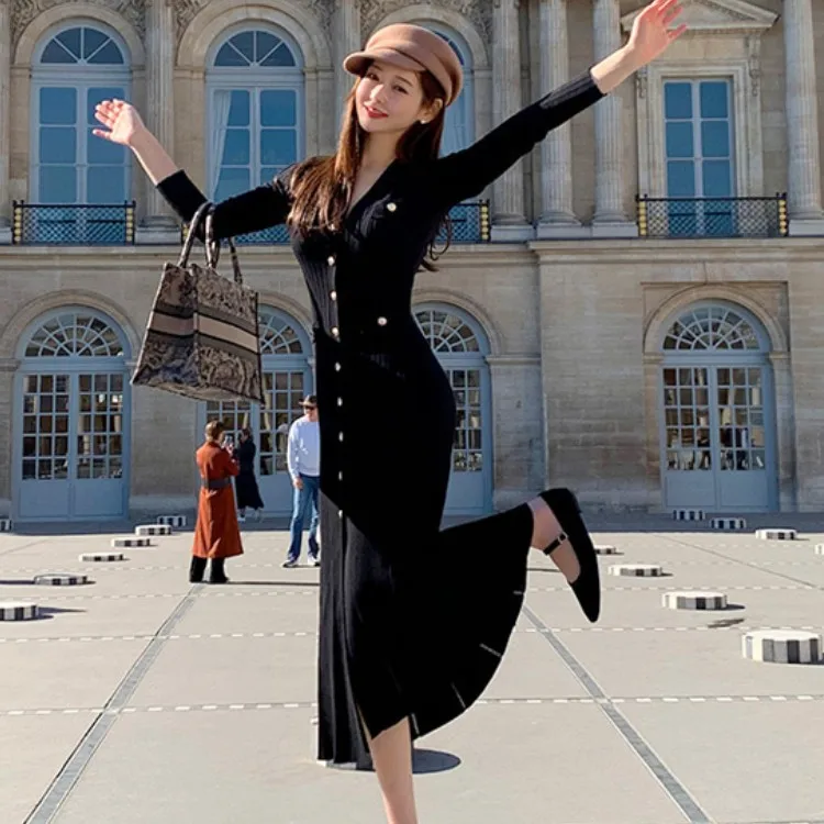 

Женское винтажное трикотажное платье-свитер, офисное однобортное облегающее платье-свитер с V-образным вырезом для вечевечерние во француз...