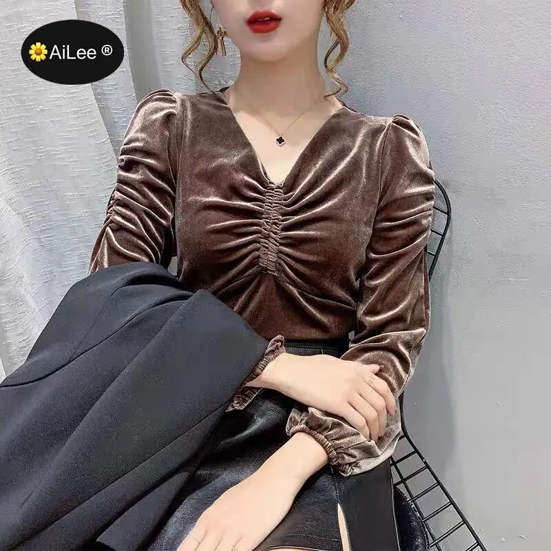 Женская плиссированная блузка на флисе с длинным рукавом и рюшами