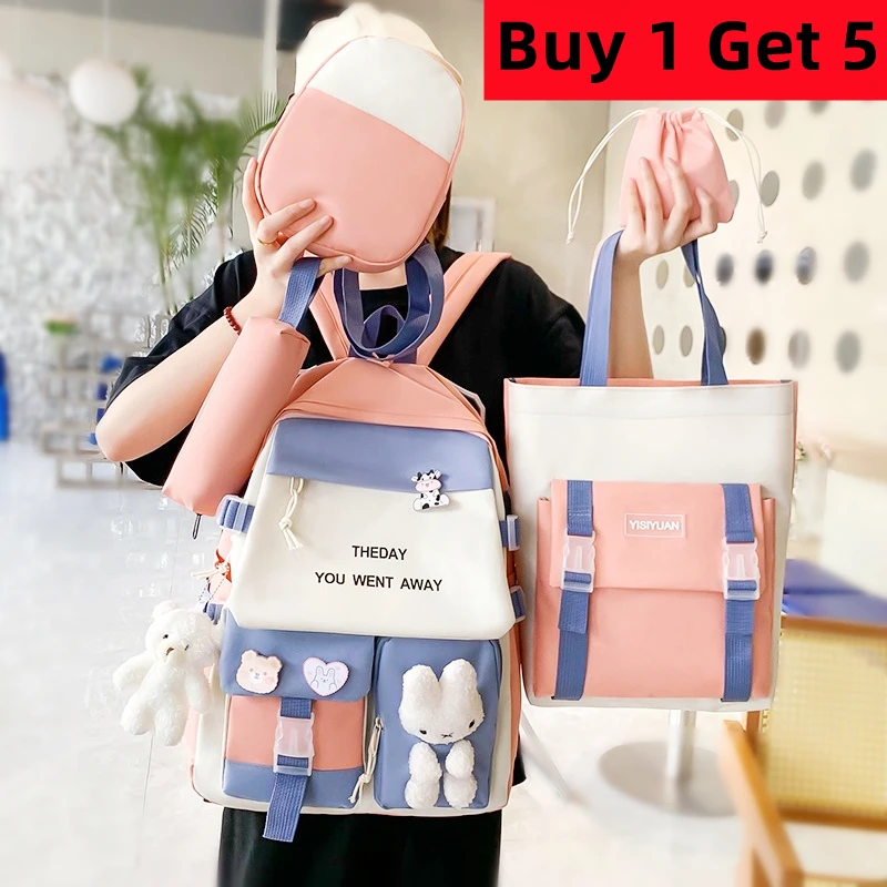 

5Pcs/Set Lovely Pinky Color Backpack For Girls Student Shoulder Bag Boy's Nylon Rucksack Kawaii Women School Tote Bag Free Gift