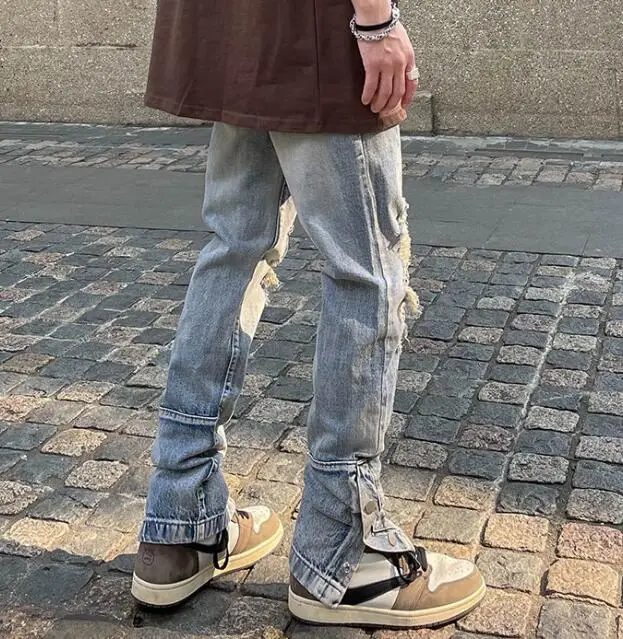 High Street Washed Jeans Hip Hop Worn Out Ripped Hole Breasted Slit Jeans Straight Denim Pants