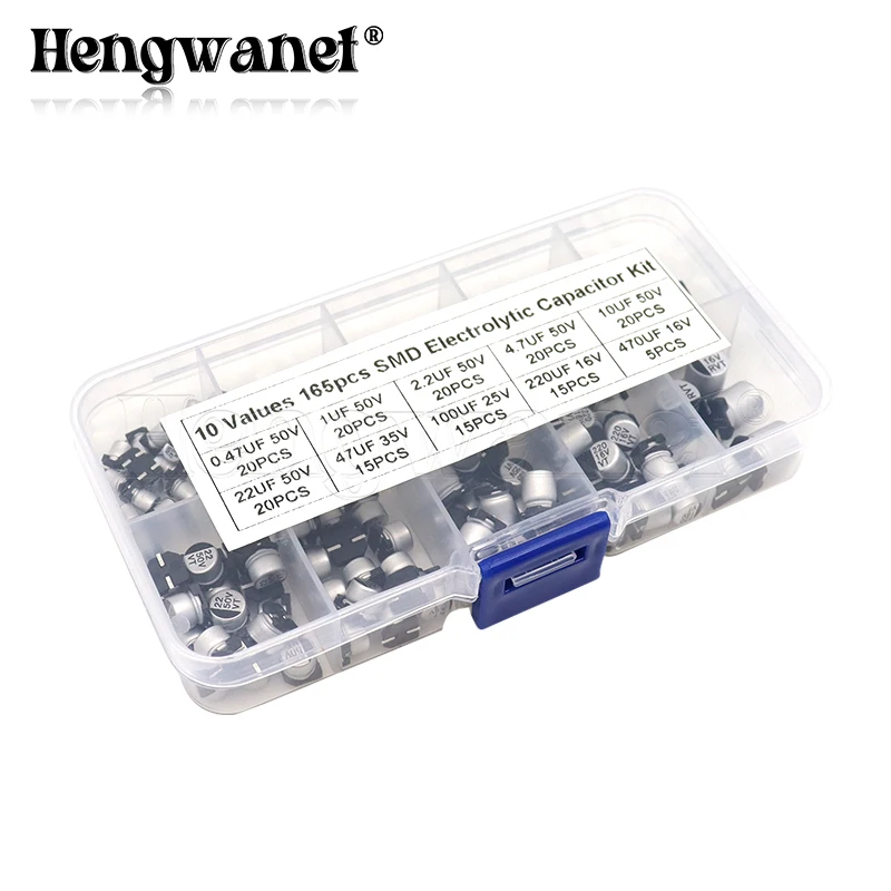 

165Pcs/lot 10Values SMD Aluminum Electrolytic Capacitor Assorted Kit Set Samples Kit 0.47uF 1uF 2.2uF 4.7uF 10uF 22uF 47uF 100uF