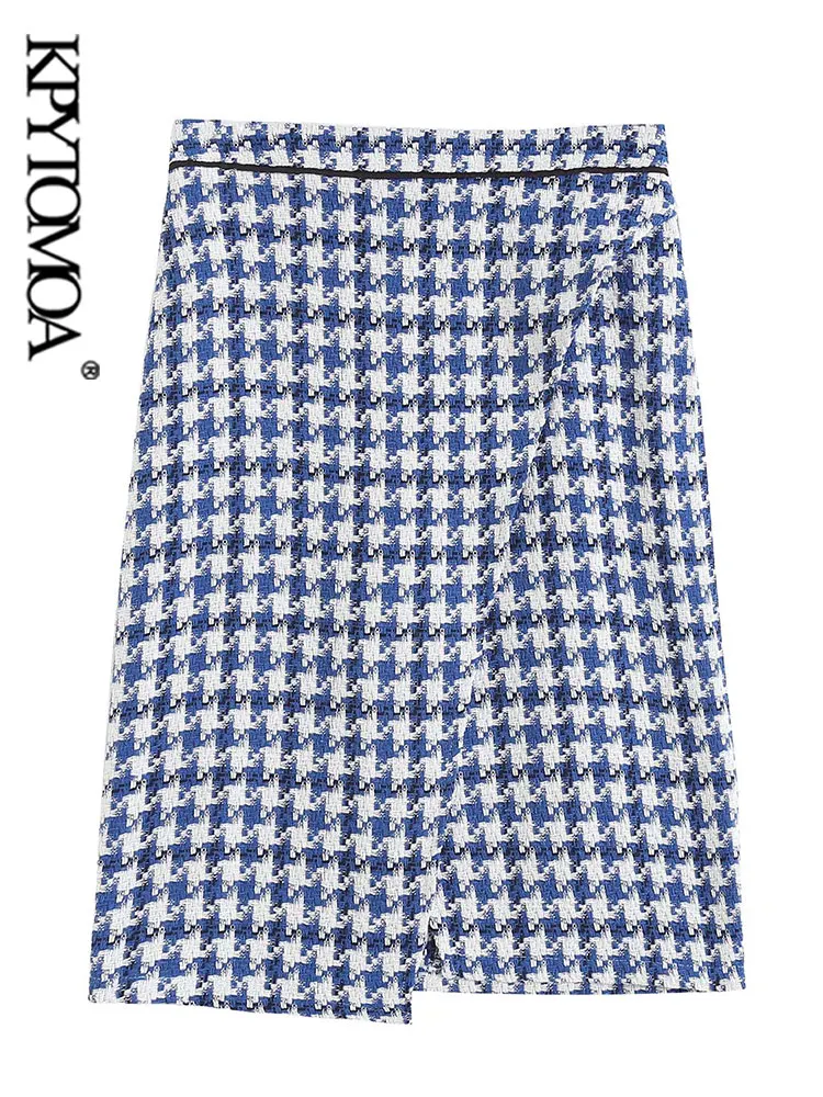 

Женская твидовая Юбка-миди KPYTOMOA, винтажная юбка с разрезом спереди и завышенной талией, на молнии сзади