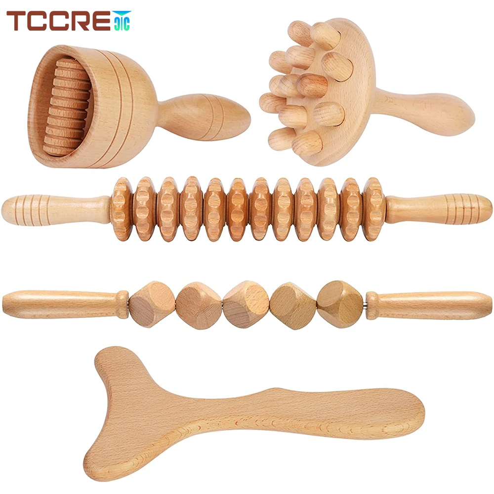 5Pcs Wooden Roller Stick Wood Therapy Massage Tools Lymphatic Drainage Anti Cellulite Massager Body Sculpting Muscle Pain Relief