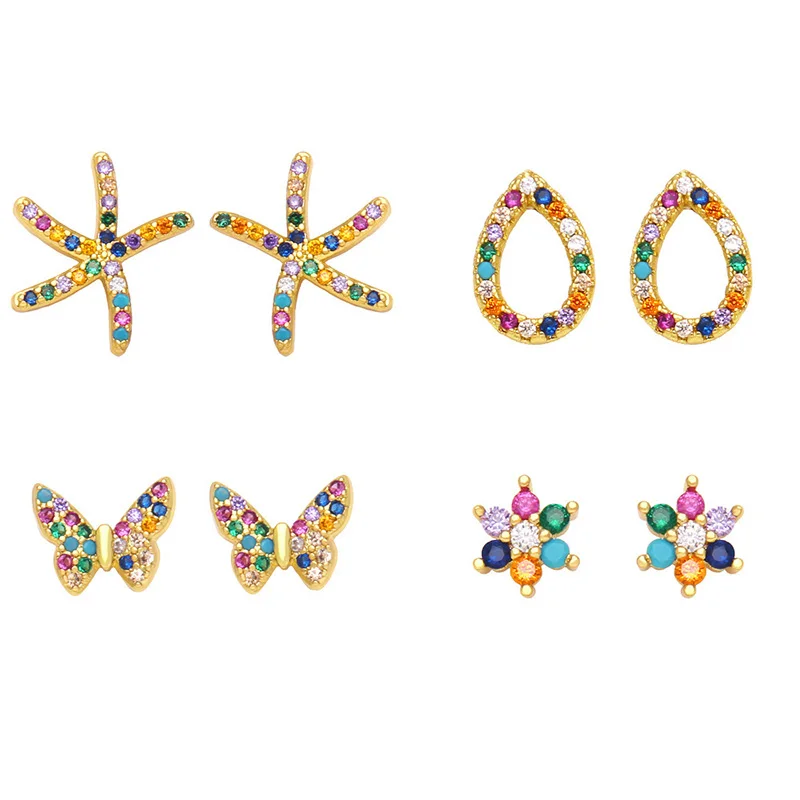 

European and American Fashion Color Zircon Stud Earrings for Women Ins Temperament Butterfly Gold Earrings Luxury Jewelry Gift