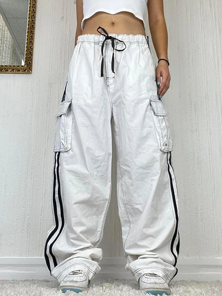 

Женские джинсы Sunny Side в полоску, белые мешковатые джинсы Y2K, американские ретро джинсовые брюки-карго с заниженной талией, уличная одежда в с...
