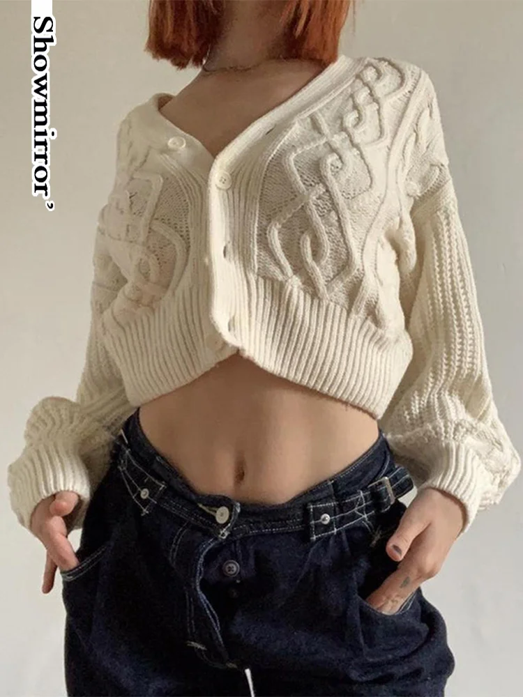 

Showmirror Elegant Knit Cardigan Crochet Aesthetic Women Button Up Crop Coats Casual Y2K Sweater Knitwear Winter Clothes ASSW8