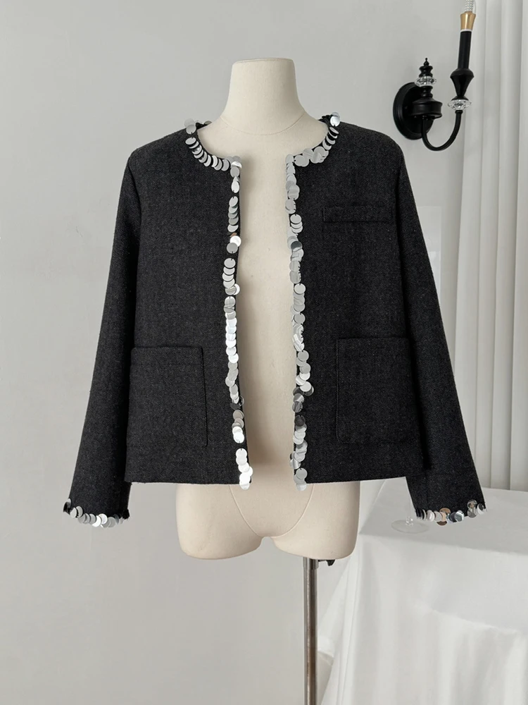 Роскошная короткая куртка с блестками женская новинка 2025 года пальто круглым