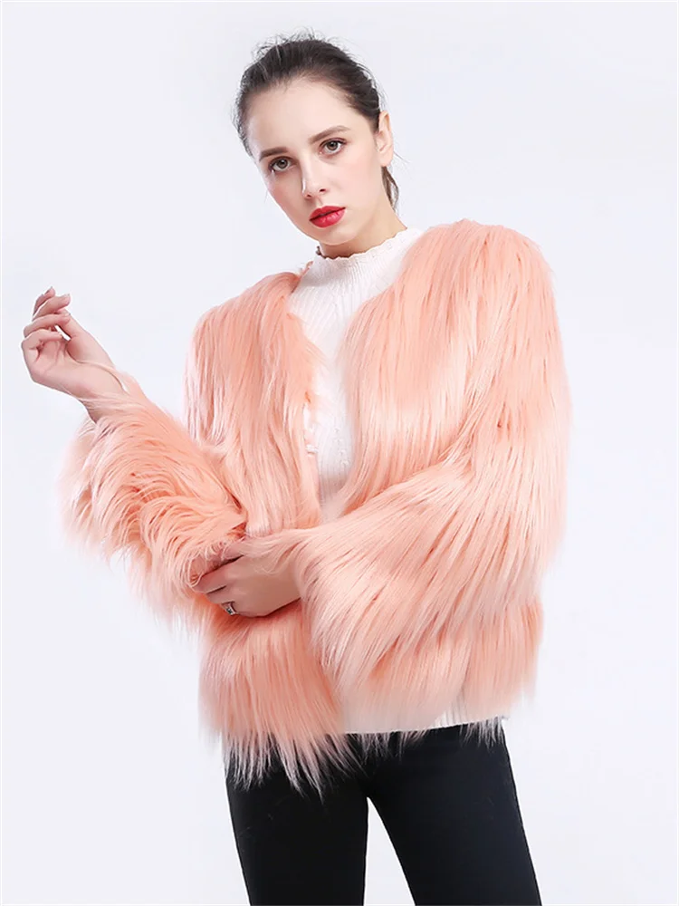 Faux Fur Coat Women 2022 Autumn Winter New Fashion Short Slim Long Sleeve Pockets Black Pink Water Wash Lamb Hair Outwear Female