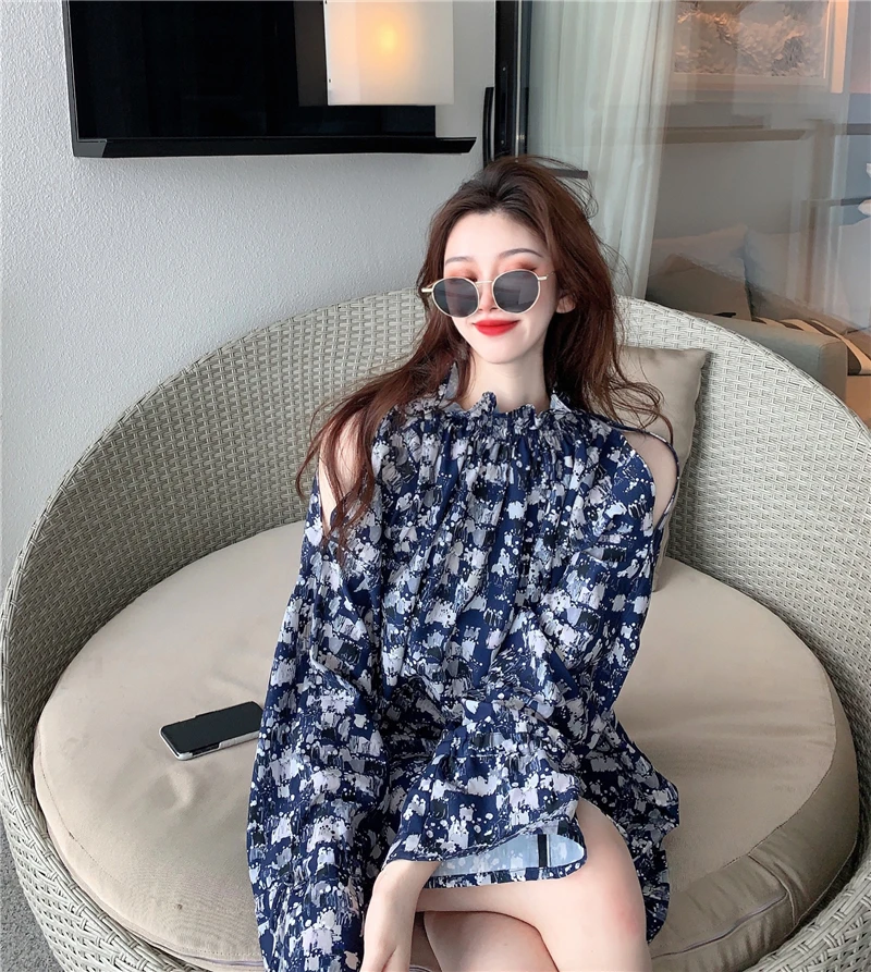 

Женская Длинная блузка с цветочным принтом, элегантная ажурная блузка с длинным рукавом и принтом, весна 2023