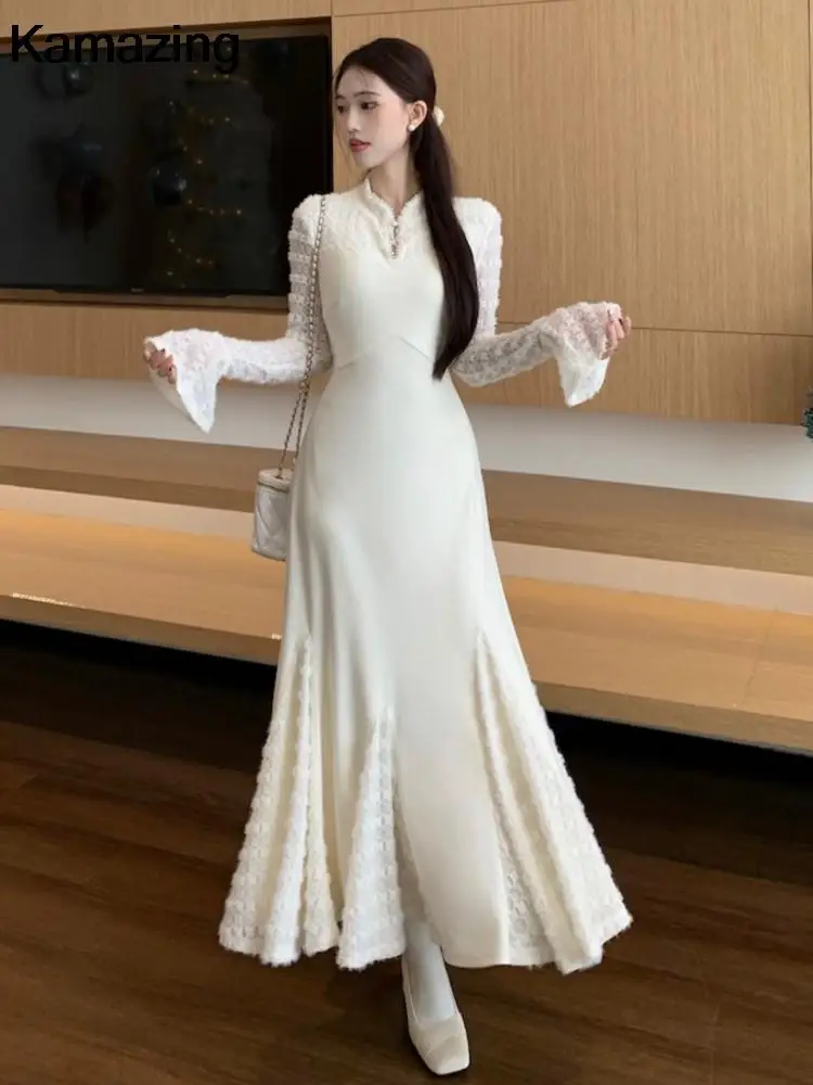 Элегантные кружевные вязаные платья в стиле пэчворк для женщин с расклешенными