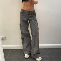 weiyao button low waist y2k denim trousers women pockets stitching straight cargo pants vintage casual gray streetwear jeans