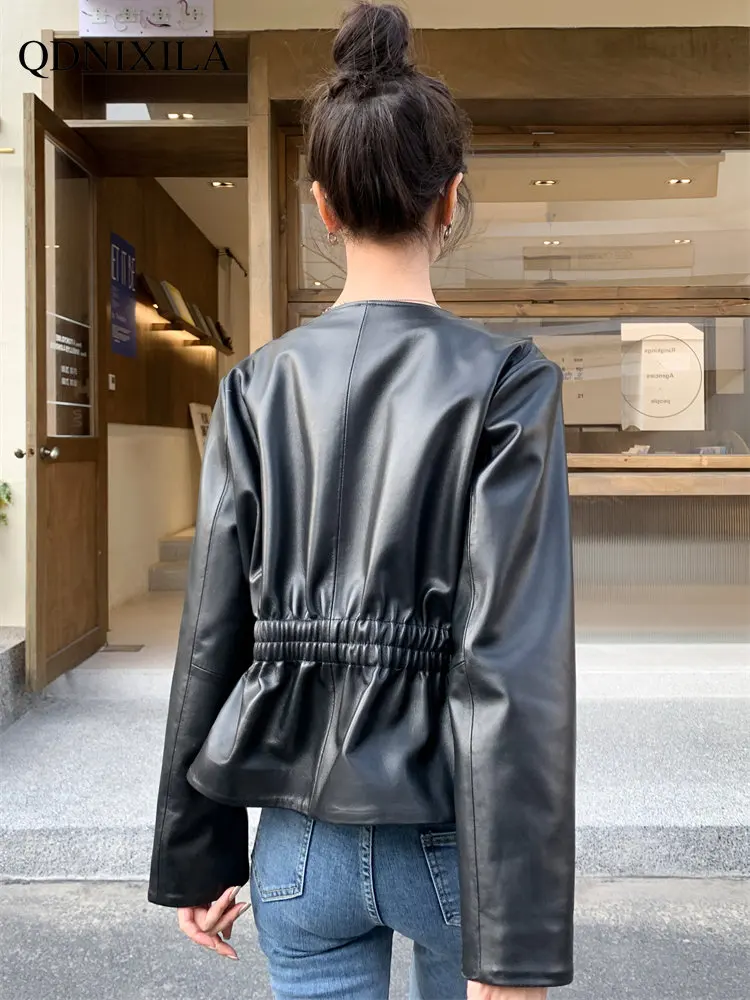 Women's Bomber Jacket Korean Fashion Sheepskin Coat for Women New Outerwear 2023 Slim Waist Skirt Hem Leather Jacket Women enlarge