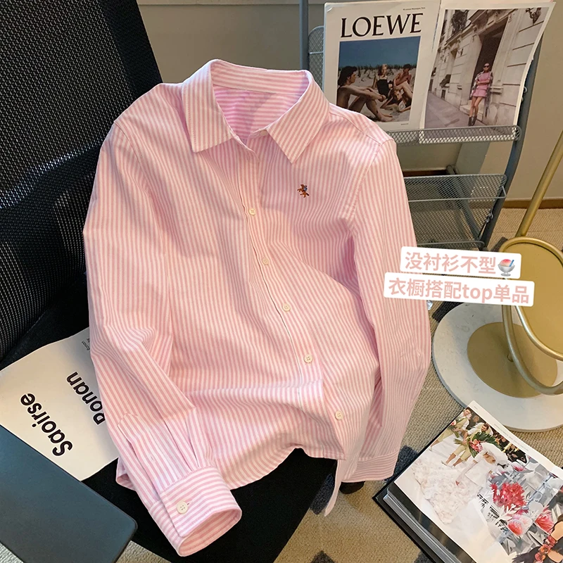 

2023 Autumn and winter women's new loose all-match lapel long-sleeved retro red striped mid-length Oxford shirt