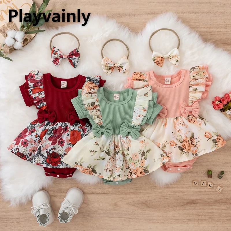

New Summer Baby Girl Bodysuit Flower Print Ruffle Patchwork Round Collar Short Sleeve Jumpsuit Bow Dress Newborn Clothes E1268