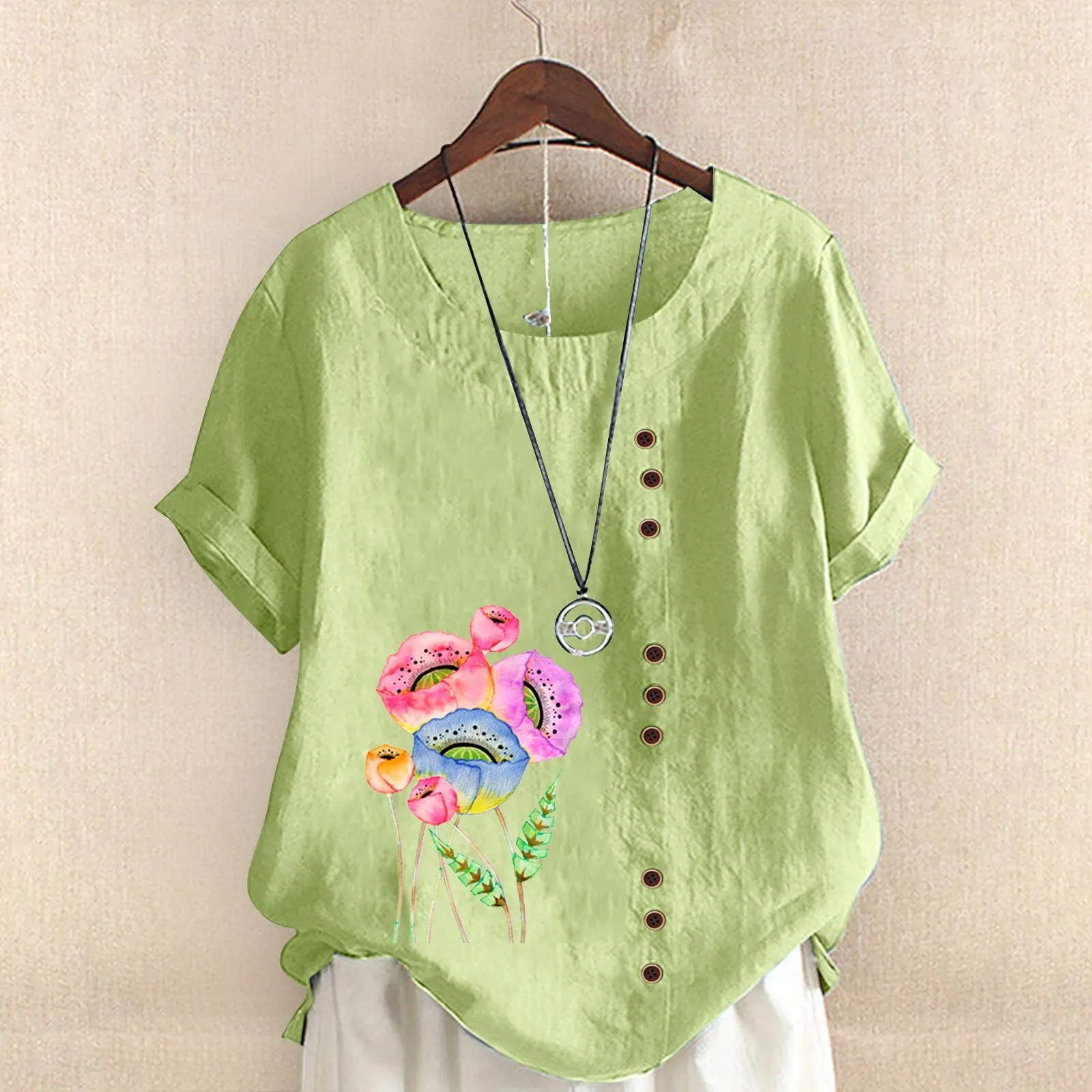 

Women's Printed Round Neck Raglan Sleeve Hem Slit Loose Short Sleeve Button Decoration Shirt Collar Shirts for Women