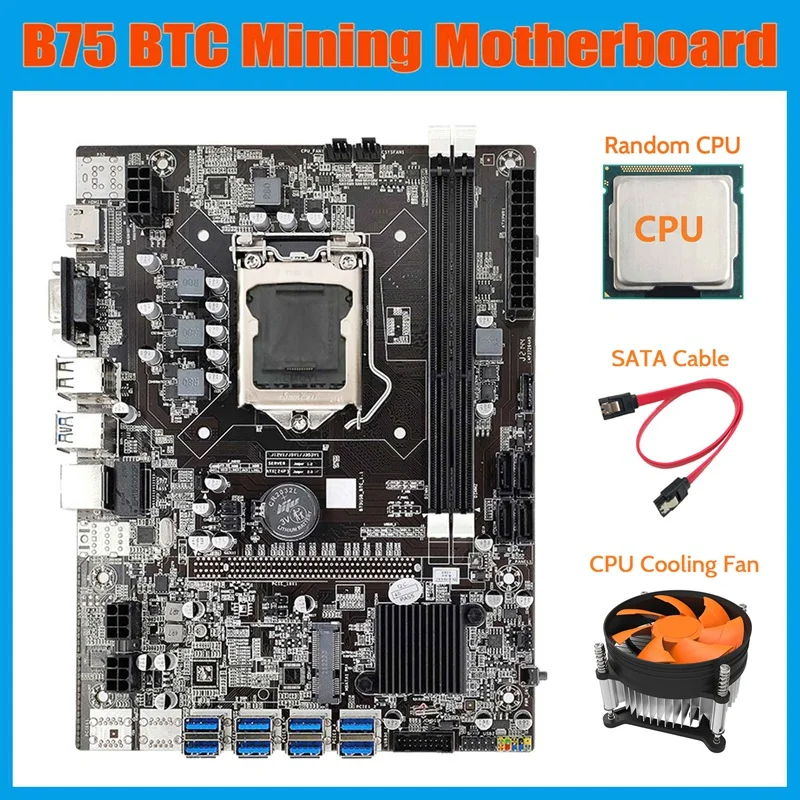 

B75 ETH Mining Motherboard+Random CPU+Cooling Fan+SATA Cable LGA1155 8XPCIE USB Adapter DDR3 MSATA B75 USB Motherboard