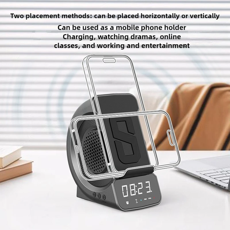 Фото Креативное беспроводное зарядное устройство, Bluetooth-динамик, будильник, дисплей, радиозарядная станция с держателем для телефона №4