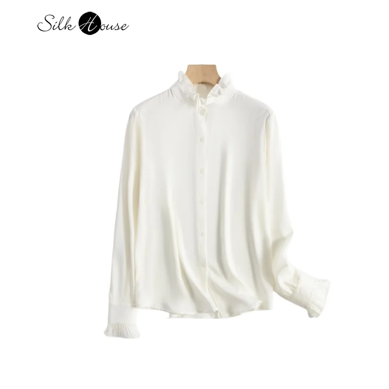 Женская эластичная рубашка с длинным рукавом белая из натурального шелка