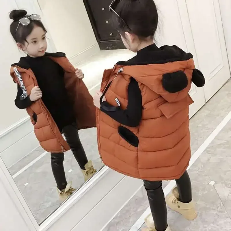 Зимний теплый жилет на молнии с капюшоном и флисовой подкладкой для девочек