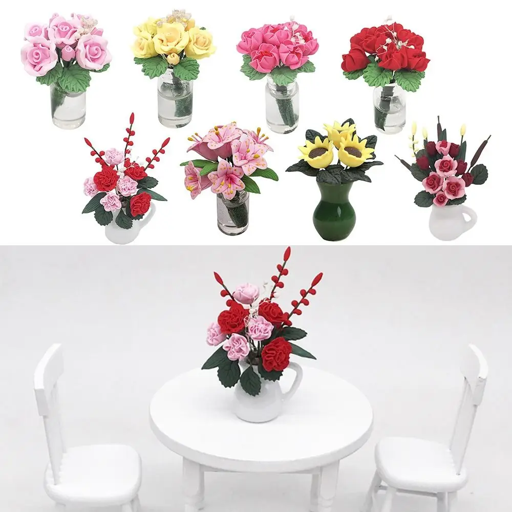 

Стеклянная керамическая ваза, реквизит для фото с цветочной композицией для кукольного домика, аксессуары для кукол, роза, лилия, подсолнух