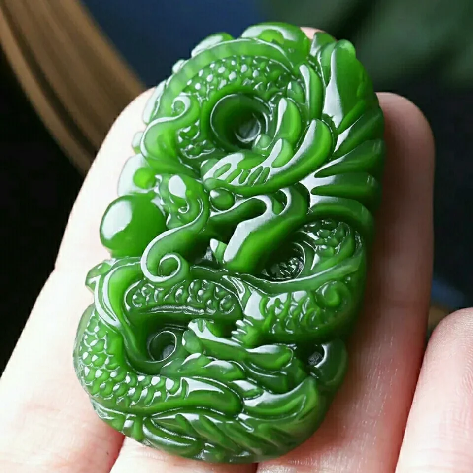 Natural Green Hetian Jade Stone Dragon Pendant Necklace Carved Chinese Jadeite Jewelry Charm Reiki Amulet Gifts for Women Men