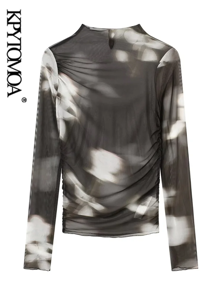 

KPYTOMOA женские модные тюлевые полупрозрачные блузки с принтом винтажные женские рубашки с высоким воротником и длинным рукавом Блузы шикарн...